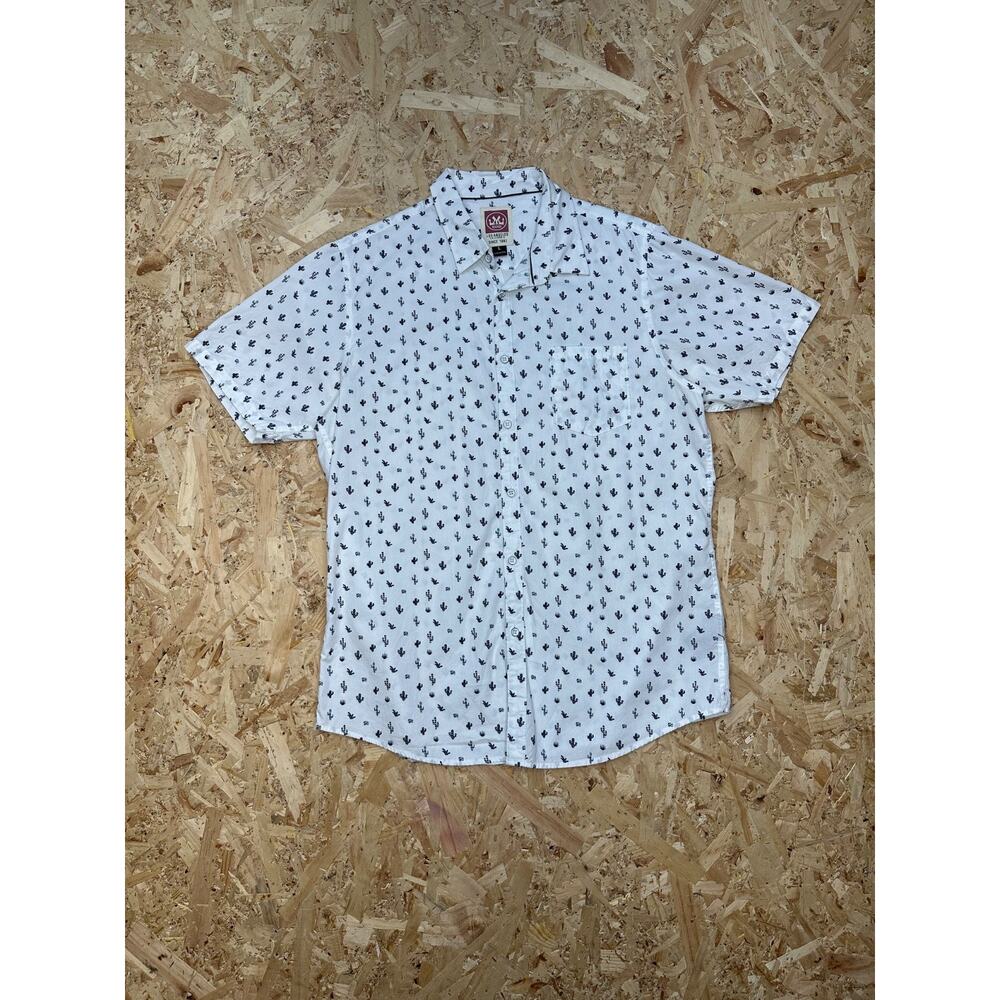 Micros Mens Graphic White Button Down Shirt Sz L
